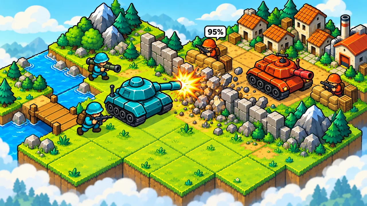 Key art: a teal tank fires at a stone wall that breaks into rubble. Soldiers with a rifle and a bazooka stand on the left. An orange-red tank and soldiers behind sandbags stand on the right, and a 95 percent bubble marks one of them.
