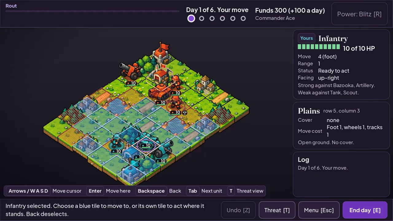 An isometric battlefield with blue tiles that show where a unit can move, and red hatched areas that show enemy reach.