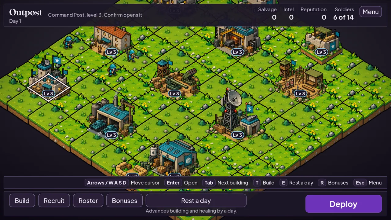 The outpost seen from above: a grid of level 3 buildings, including the Command Post, Barracks, Artillery Park, Radar and a Workshop, with salvage, intel and soldier counts in the top bar.