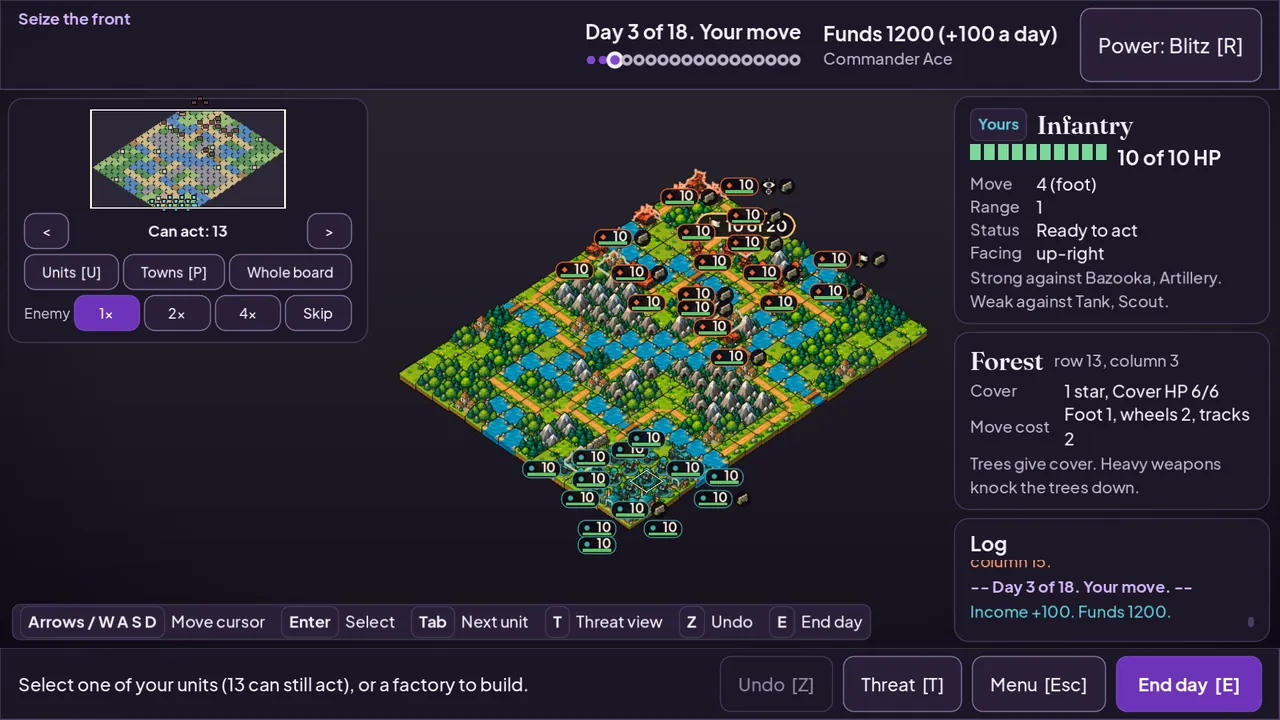 A large battlefield of rivers, mountains and forest, with many units on the board and a minimap in the top left corner.