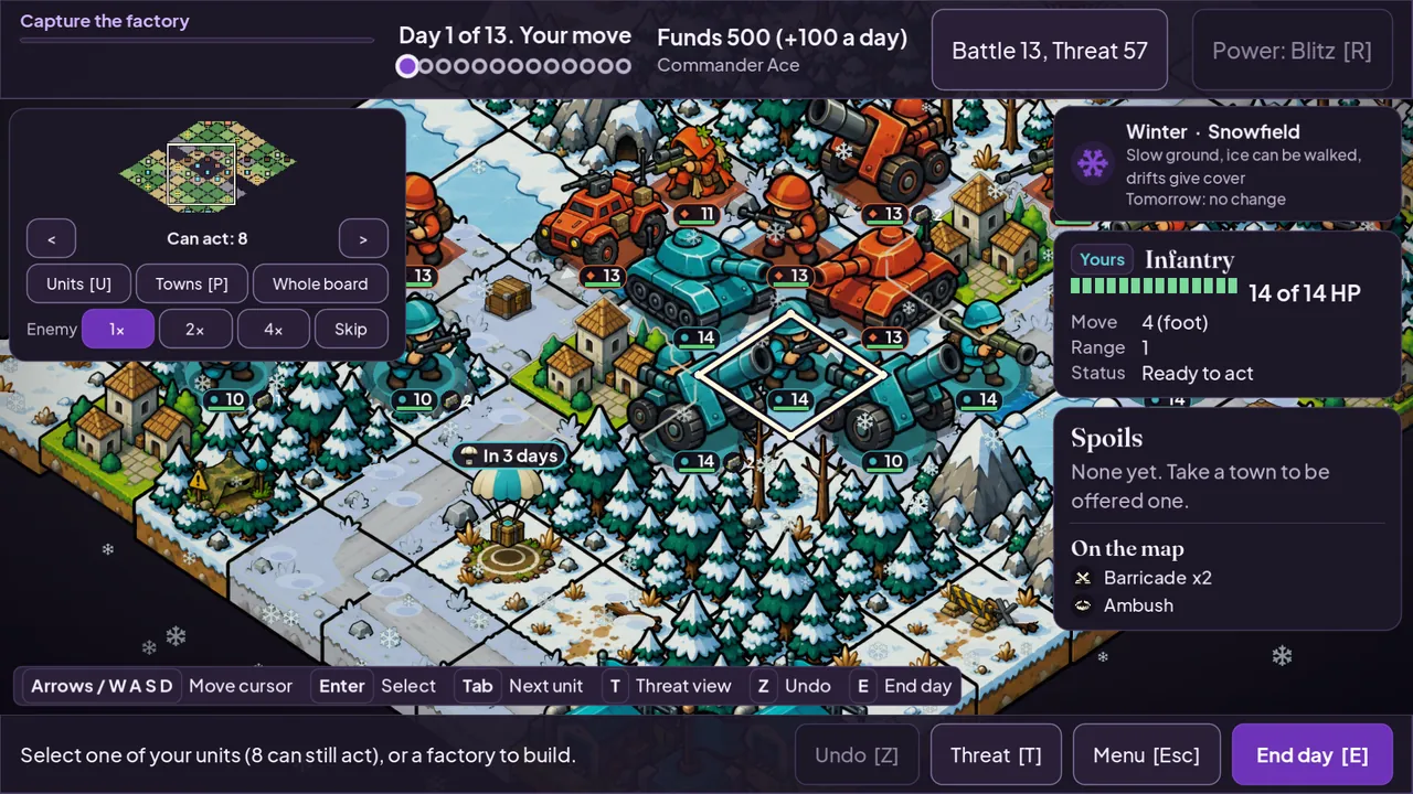 An Endless battle on a snowfield. Teal tanks and infantry face orange-red vehicles among snowy pine forest, with a weather note in the corner.